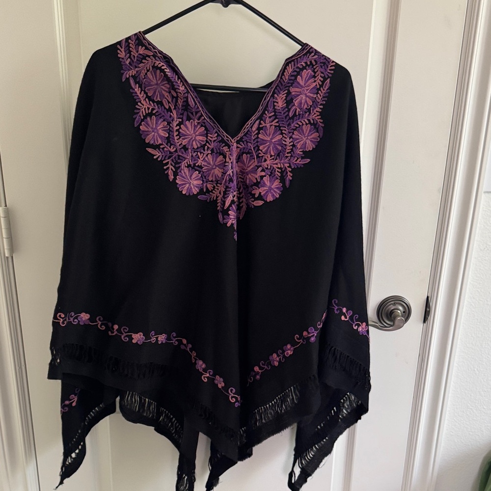 Black Poncho with Purple Embroidery